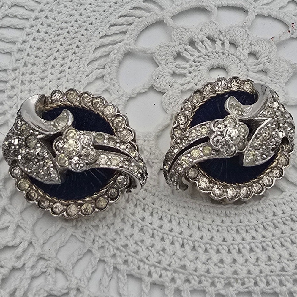 Jomaz Blue Enamel Clear Rhinestone Clip On Earrings Joseph Mazer Vintage